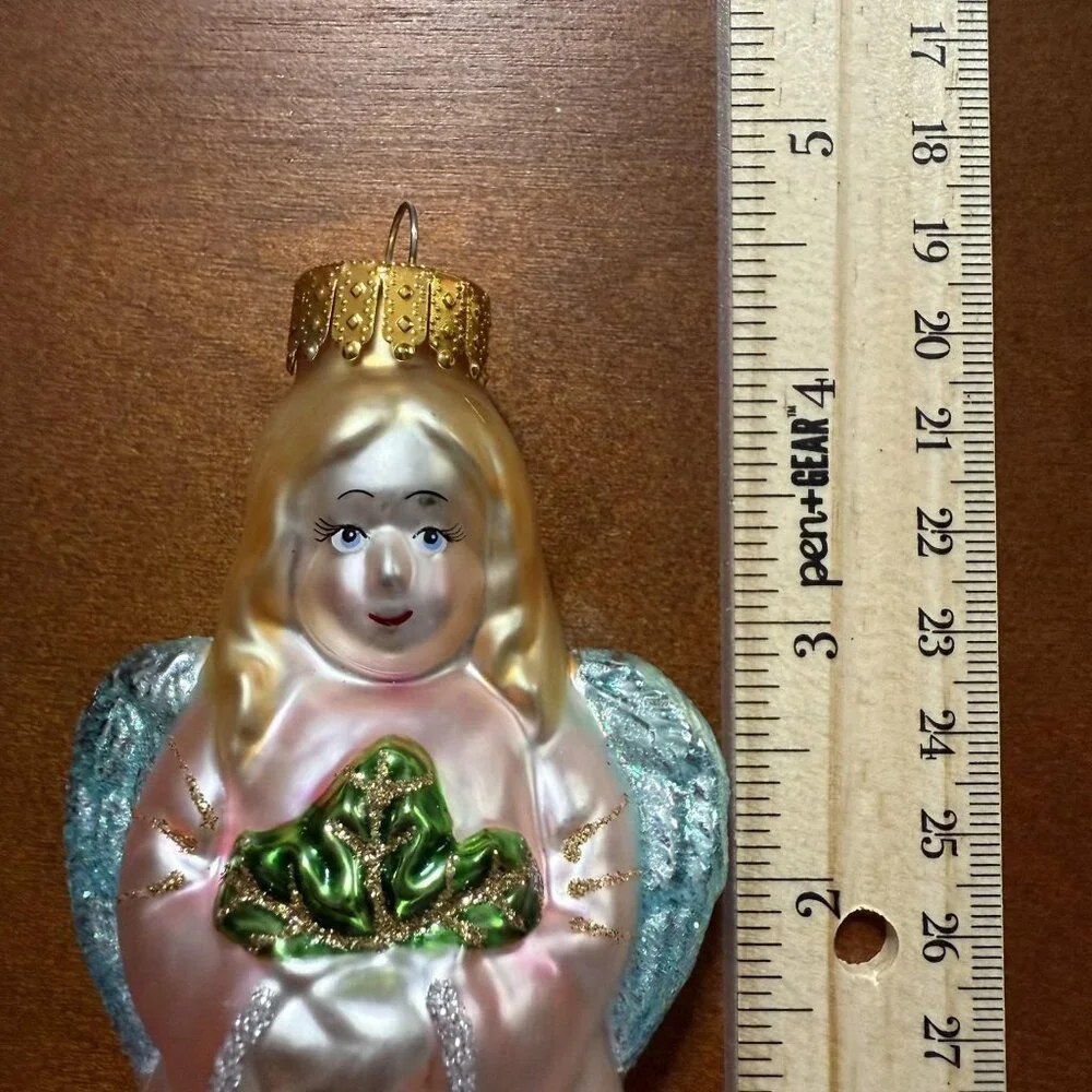 Vintage UT Angel‎ Christmas Ornament Y2K Glass Pink Robe Glitter Hand Painted